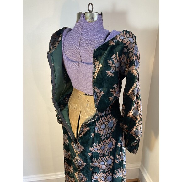 Vintage 1930s silk velvet forest green floral floor length dress gown - Picture 6 of 11